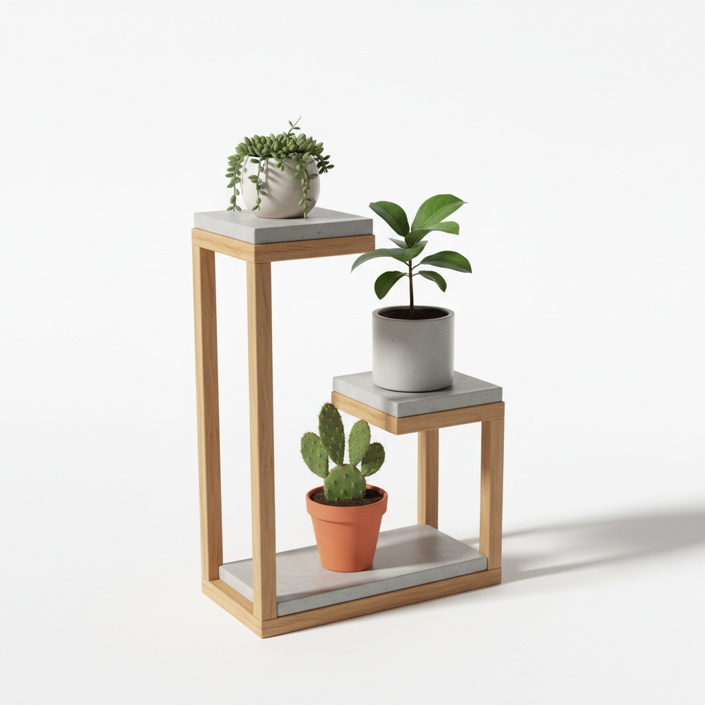 Concrete & Wood Plant Stand 3-Tier